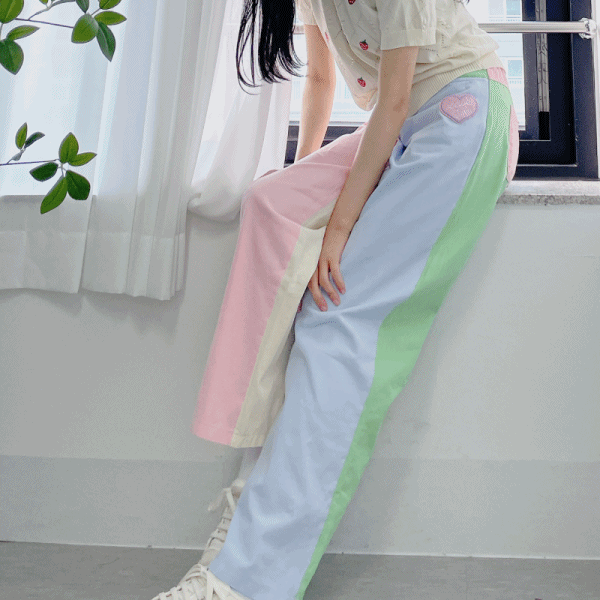러블리 하트 핑크 배색 포켓 면 바지 포인트 팬츠 (1color)