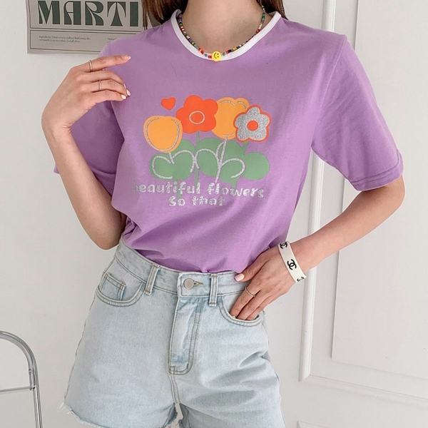 라운드넥 배색 플라워 포인트 여름 면 티셔츠 반팔 (3color)