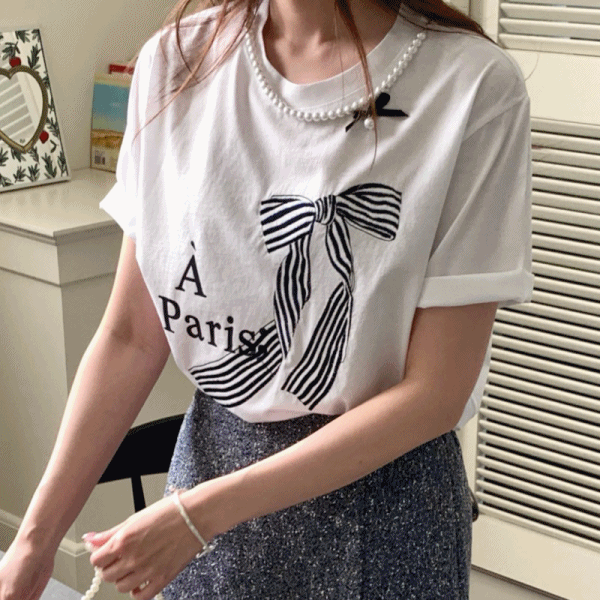 레터링 리본 진주 포인트 여름 반팔 라운드 티셔츠 (3color)